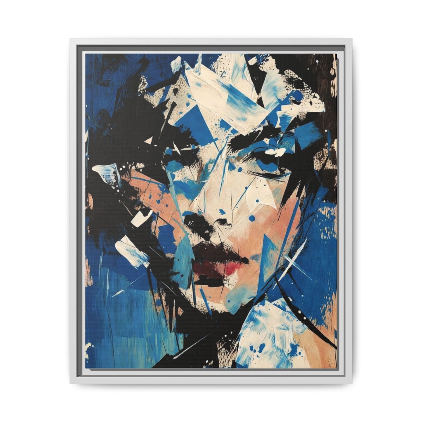 Abstract Portrait Matte Canvas Framed Wall Art — Blue Mixed-Media Face Print