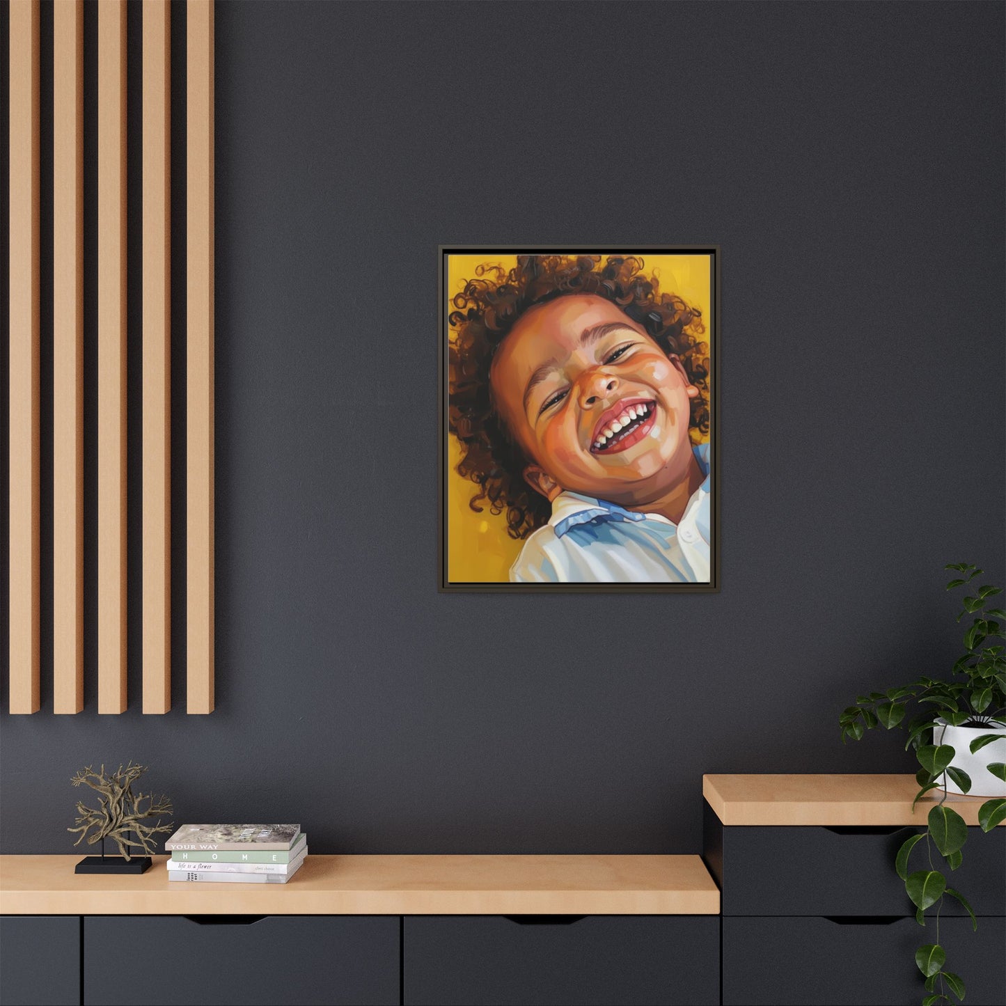 Framed Matte Canvas Print – Joyful Child Portrait, Colorful Nursery Wall Art