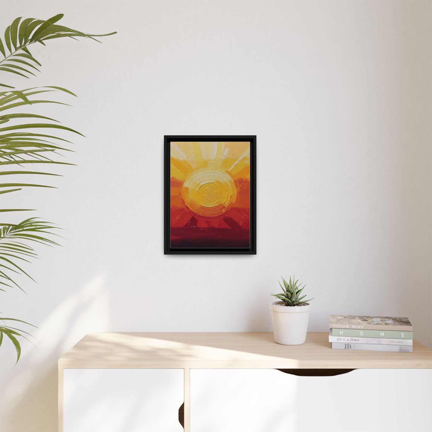 Sunburst Abstract Framed Canvas Art — Matte Multi‑Color Wall Print