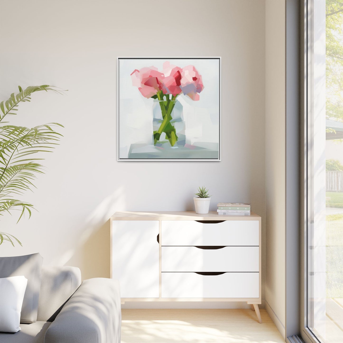 Framed Floral Canvas Art — Pink Peonies in Vase (Matte)