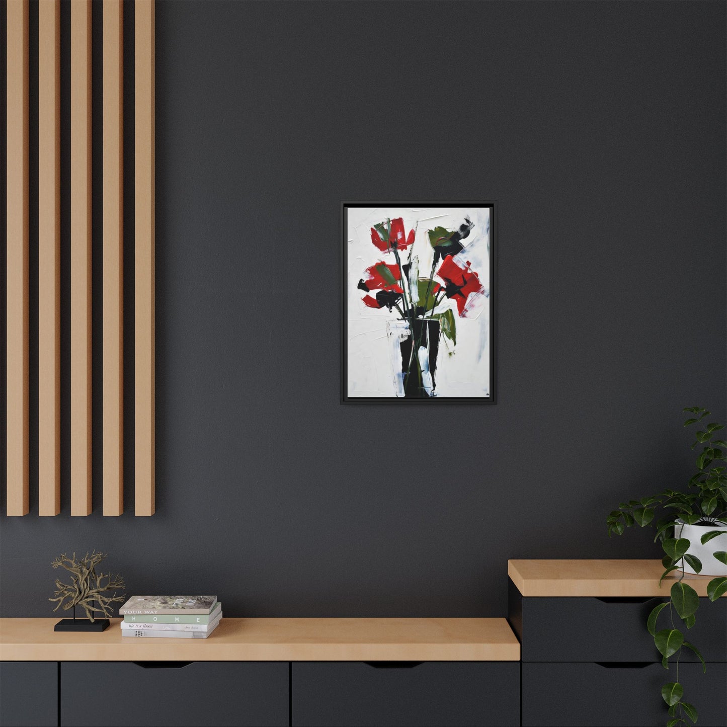 Framed Abstract Floral Canvas Print — Red Poppies in Black Vase