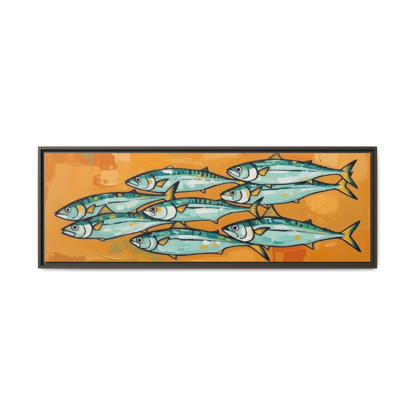 Framed Matte Canvas Print — School of Blue Fish on Orange Abstract Background
