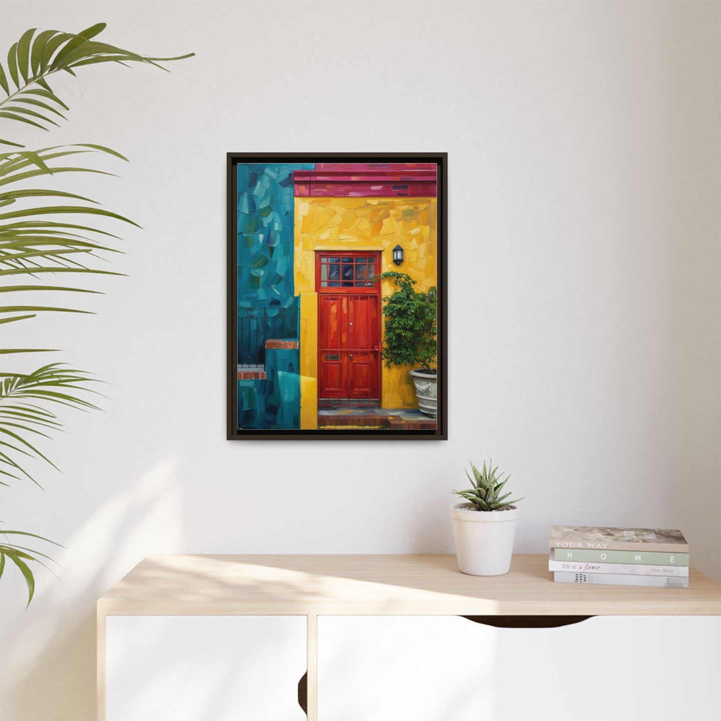 Framed Matte Canvas Wall Art — Colorful Red Door on Yellow Facade