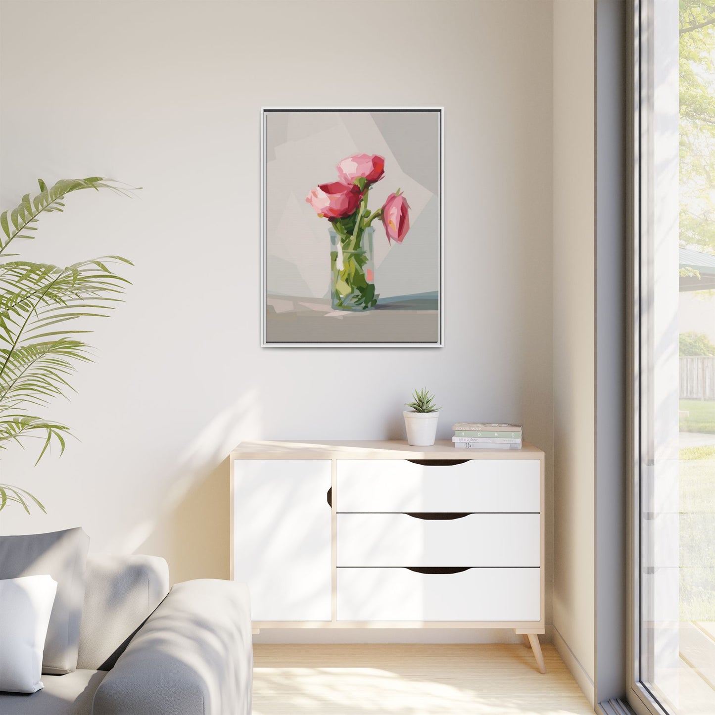 Framed Canvas Art — Pink Roses in Vase, Modern Floral Wall Print