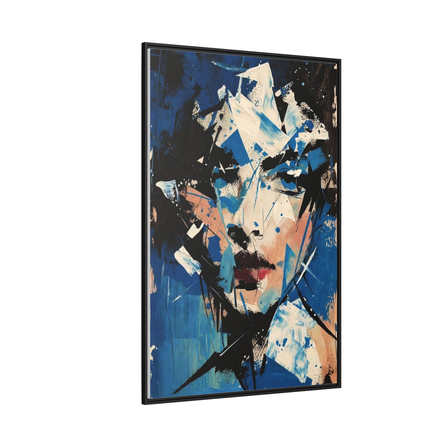 Abstract Portrait Matte Canvas Framed Wall Art — Blue Mixed-Media Face Print