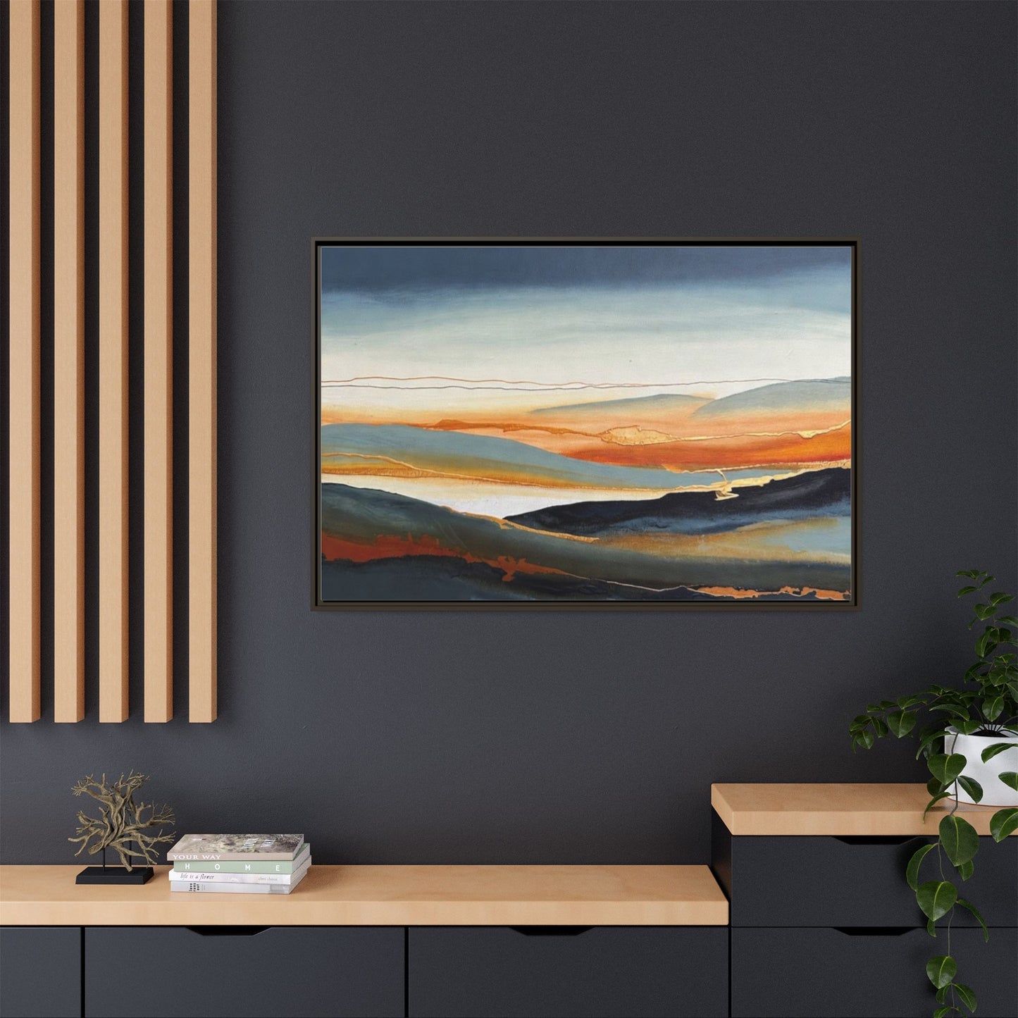 Framed Matte Canvas: Abstract Coastal Sunset Landscape Wall Art