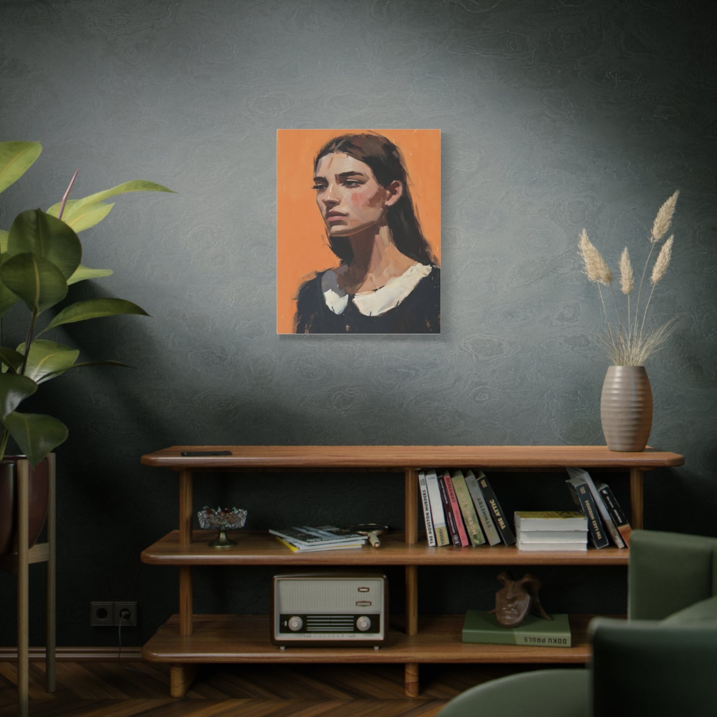 Portrait Canvas Print — Moody Female Figure in Warm Orange