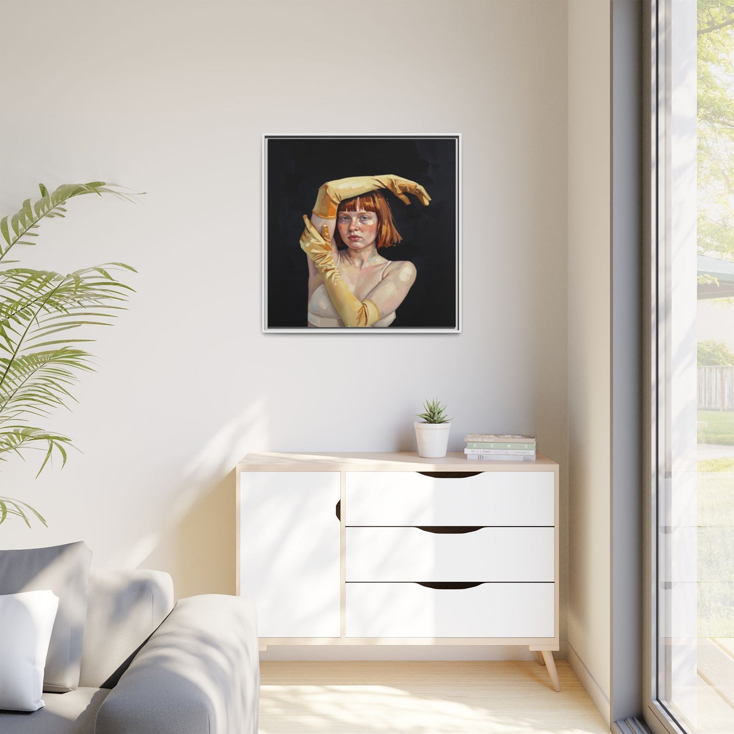 Framed Matte Canvas Art – Portrait of Woman in Yellow Gloves