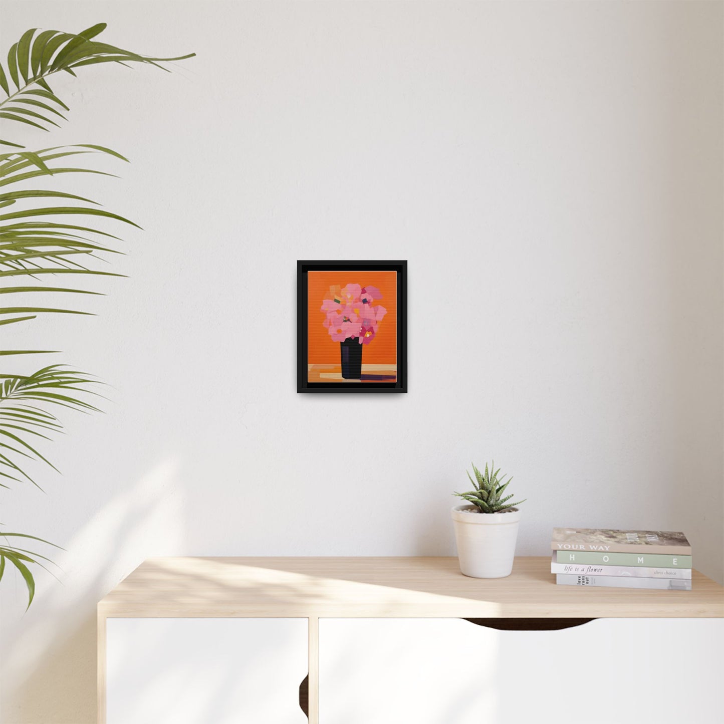 Framed Floral Canvas Art — Pink Bouquet on Orange Background
