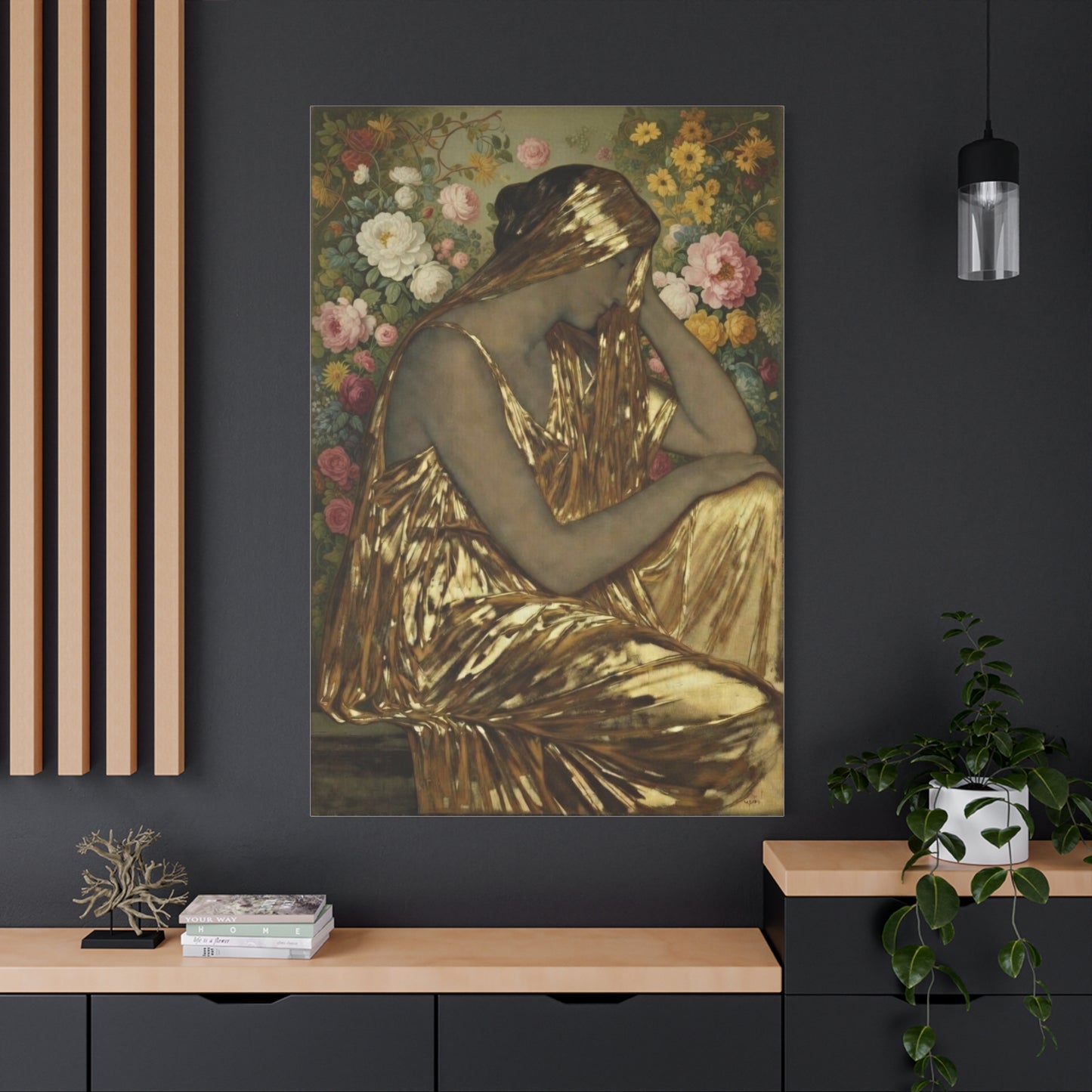 Golden Muse Canvas Print — Woman in Gold Floral Art (Stretched Matte)