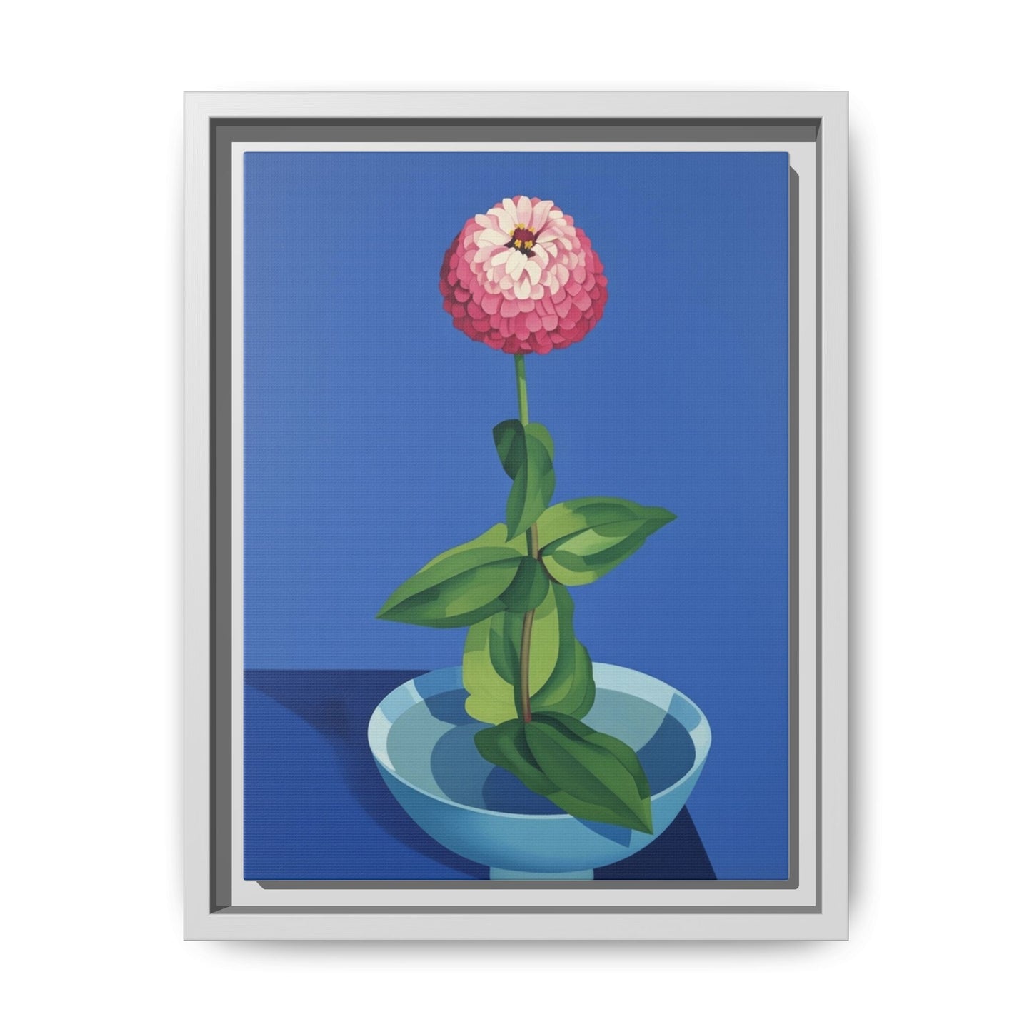 Framed Matte Canvas Art — Pink Zinnia in Blue Bowl (Botanical Still Life)