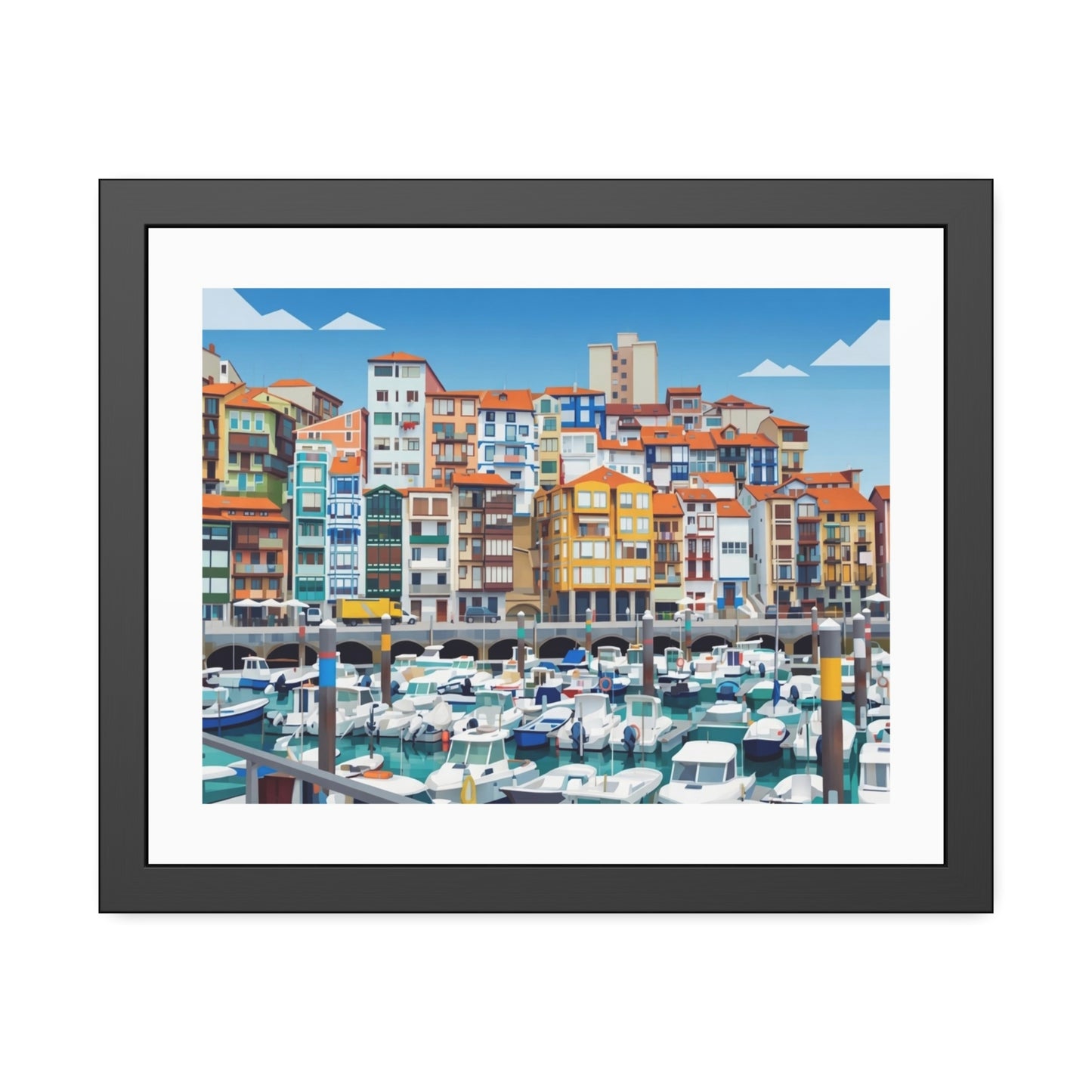 Harbor Marina Framed Poster — Colorful Coastal Cityscape Wall Art