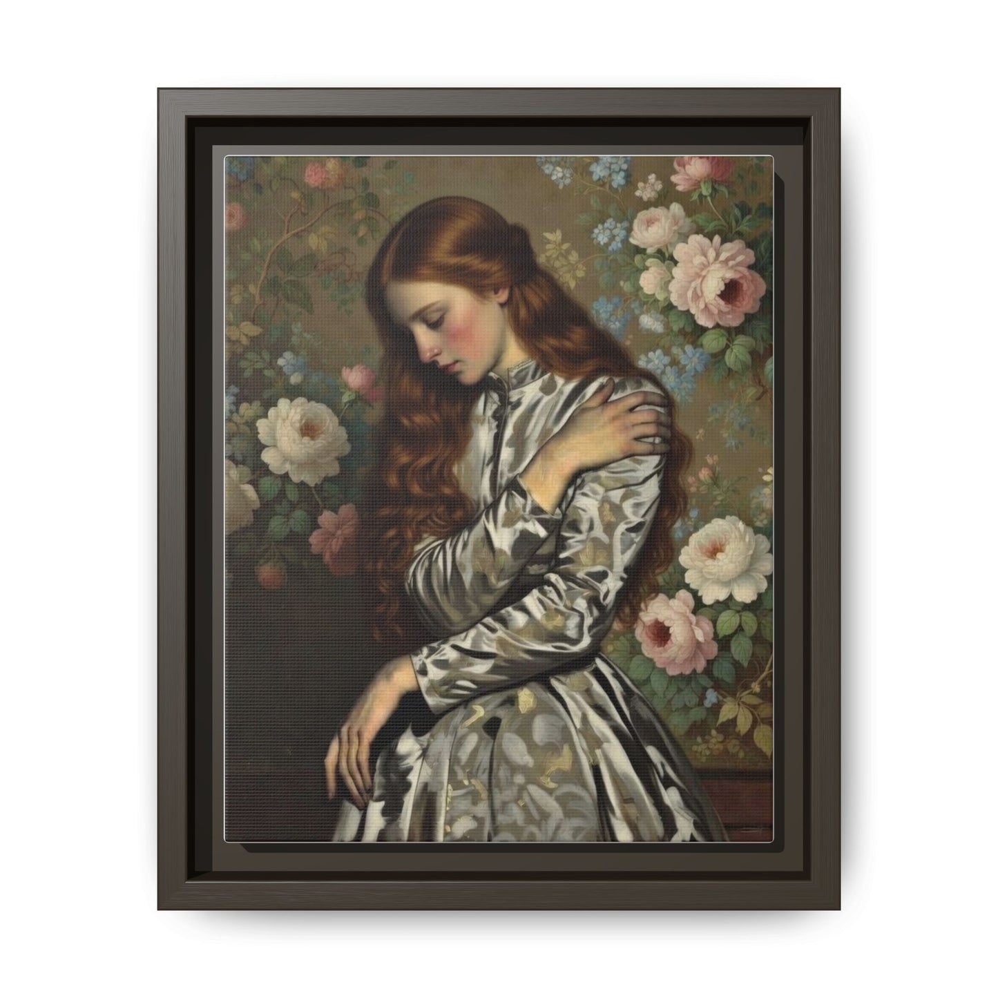 Framed Matte Canvas Art — Vintage Floral Portrait of a Young Woman