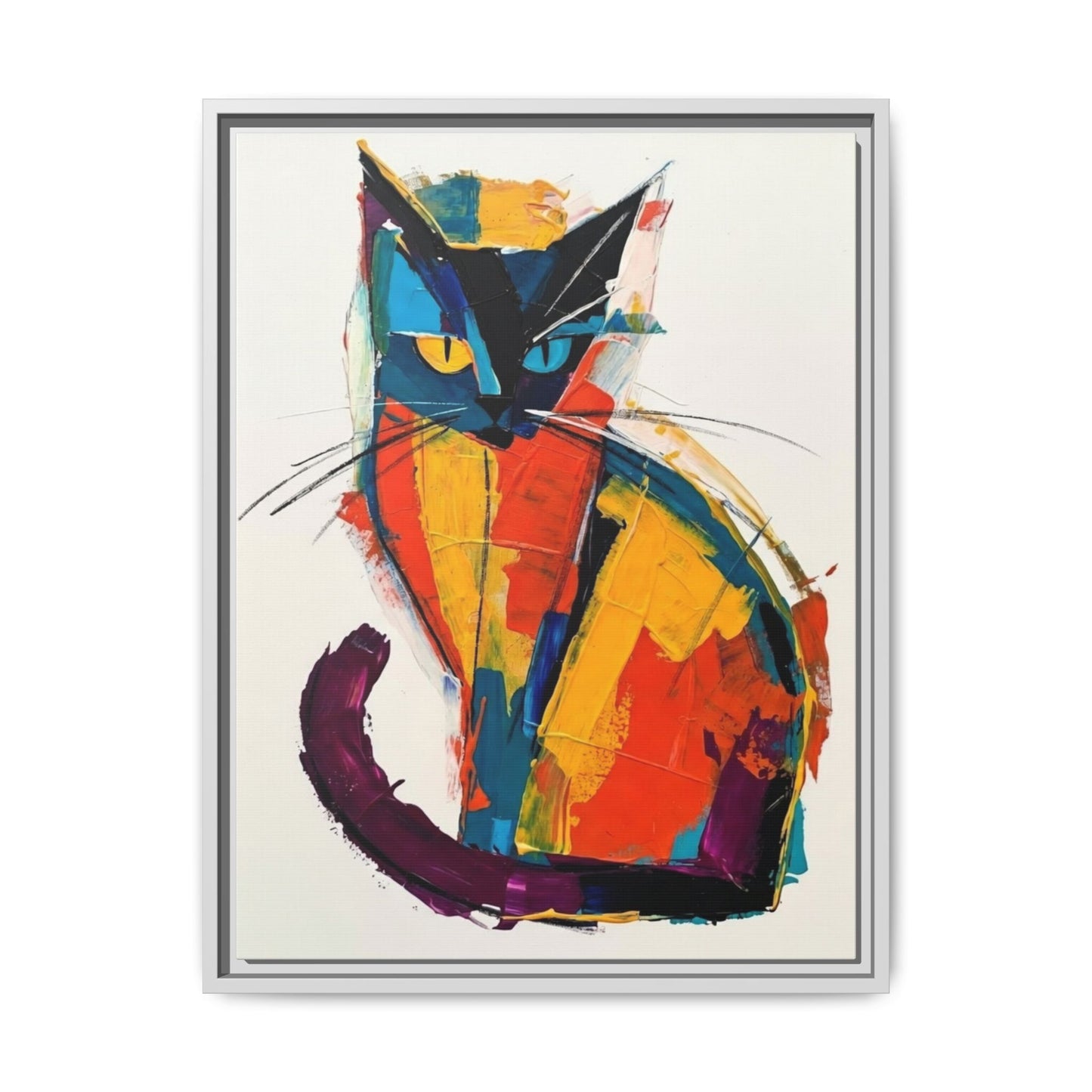 Colorful Abstract Cat Framed Canvas — Modern Matte Wall Art
