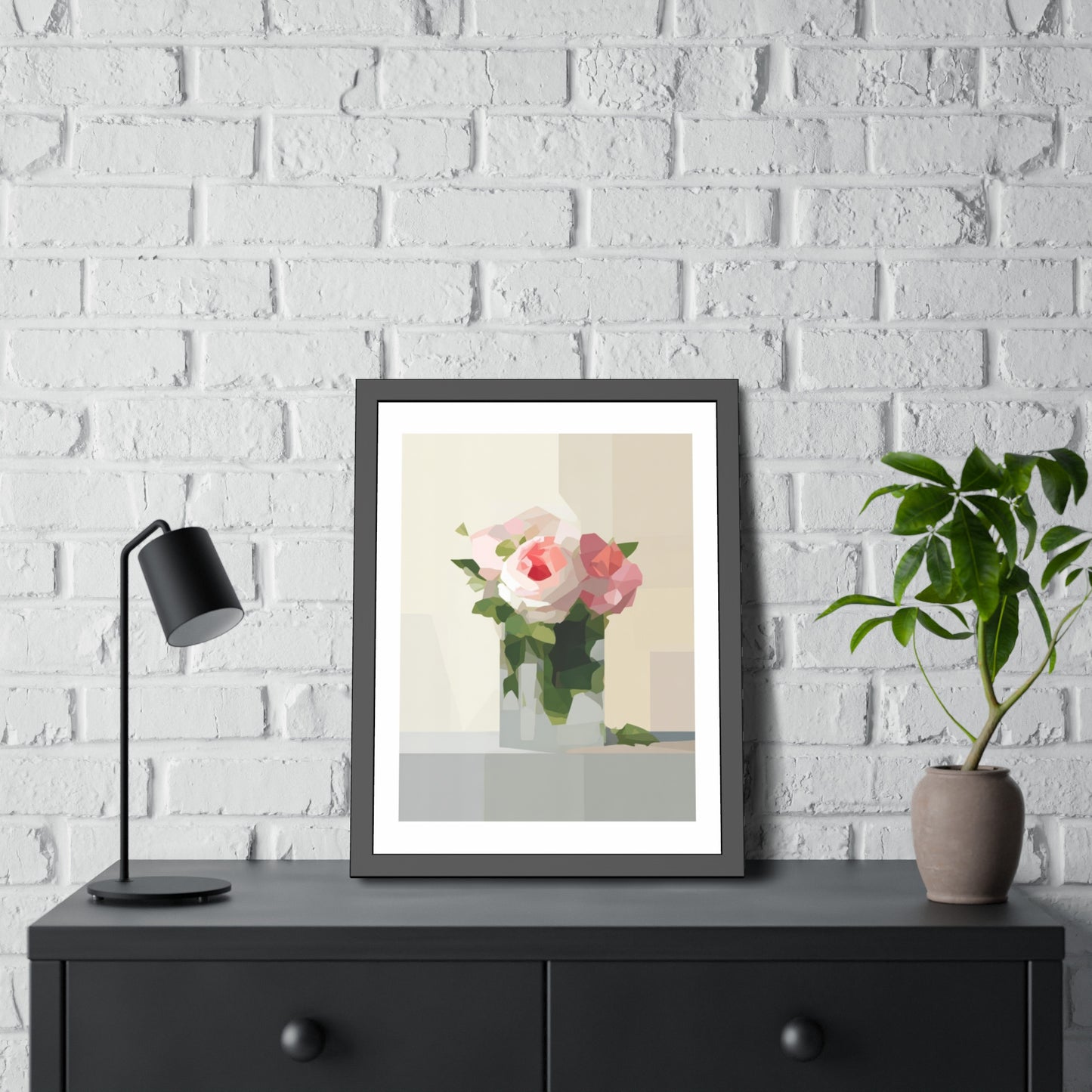 Framed Floral Poster — Geometric Pink Rose Wall Art