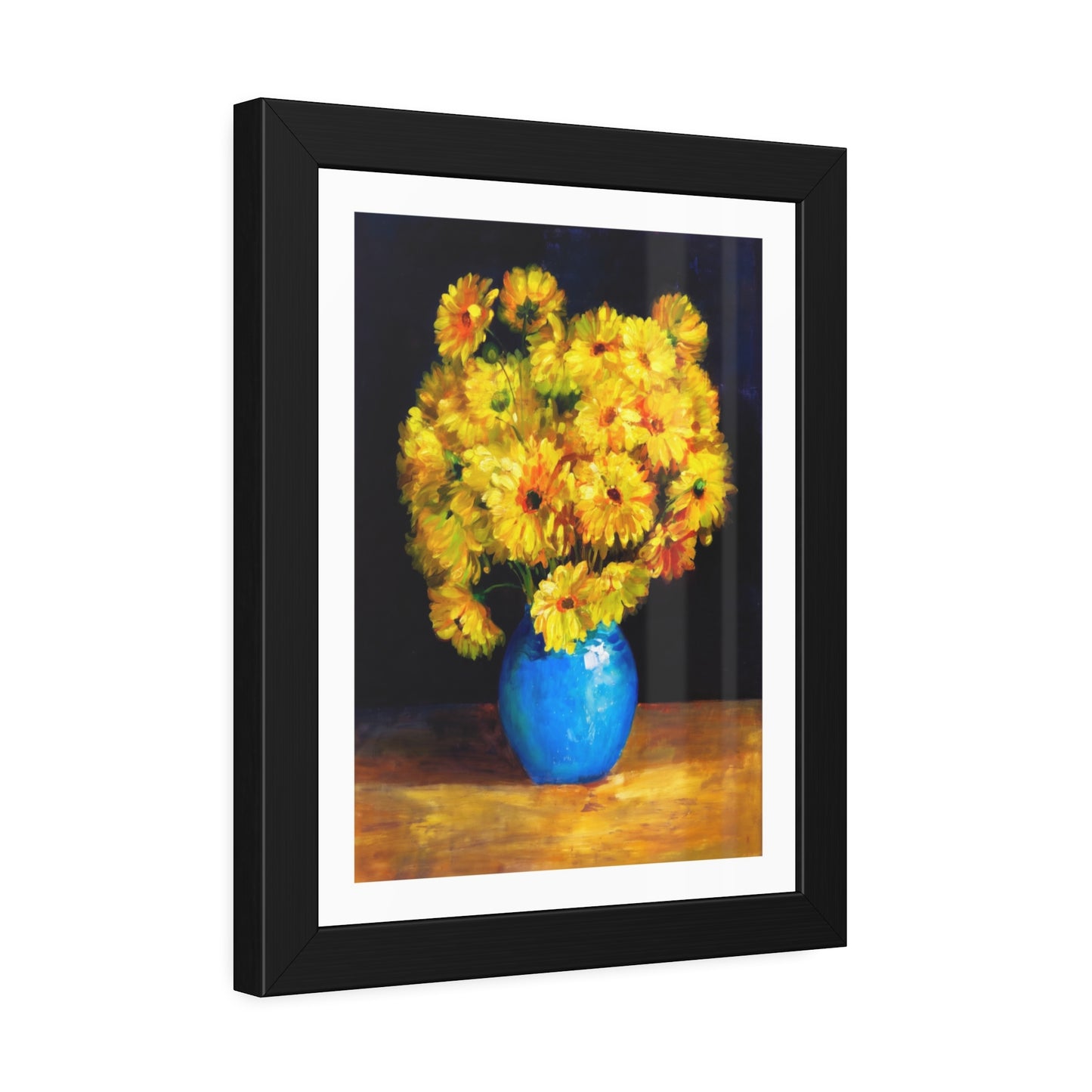 Framed Art Print — Yellow Daisy Bouquet in Blue Vase