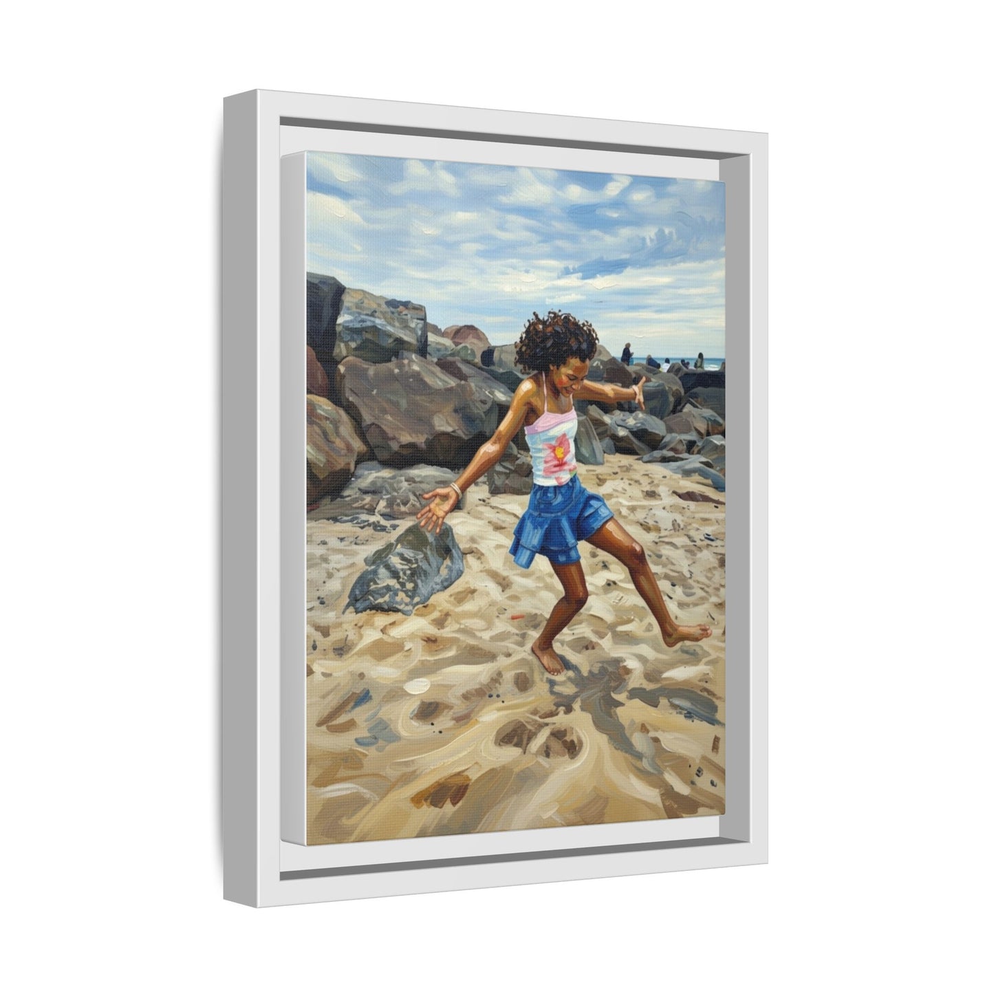 Framed Canvas Art - Girl Dancing on the Beach (Matte Multi-Color)