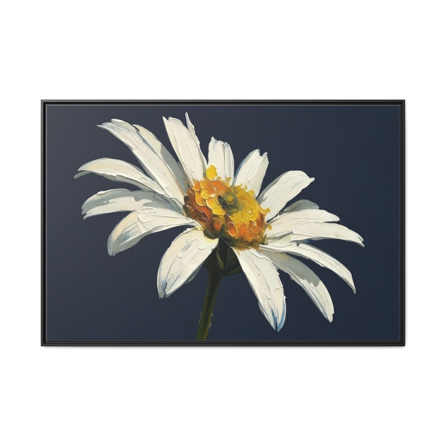Framed Matte Canvas Daisy Wall Art — White Floral Painting on Navy
