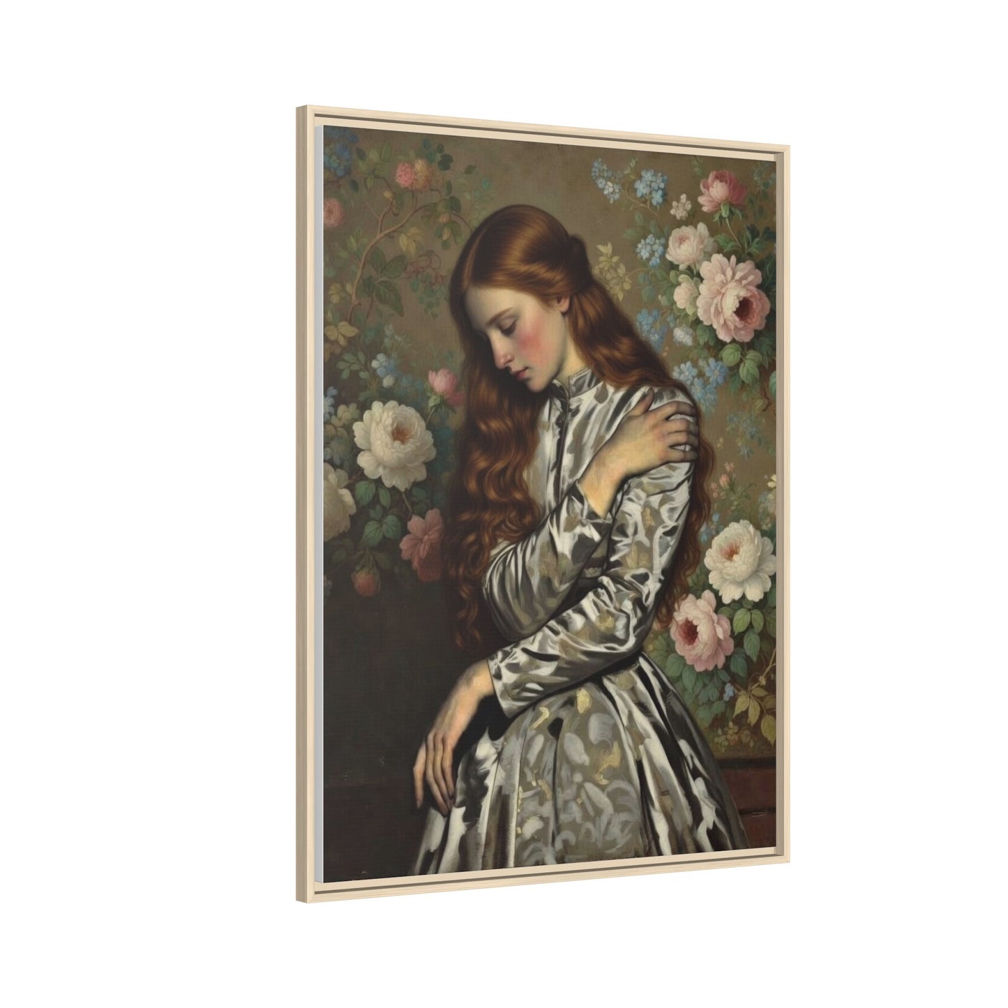 Framed Matte Canvas Art — Vintage Floral Portrait of a Young Woman