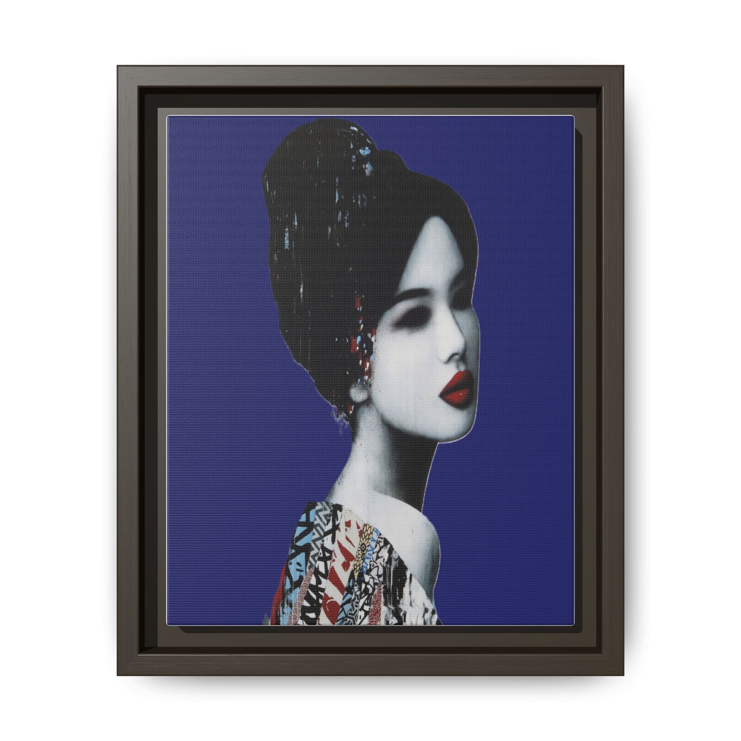Framed Matte Canvas Art — Elegant Geisha Portrait on Deep Blue