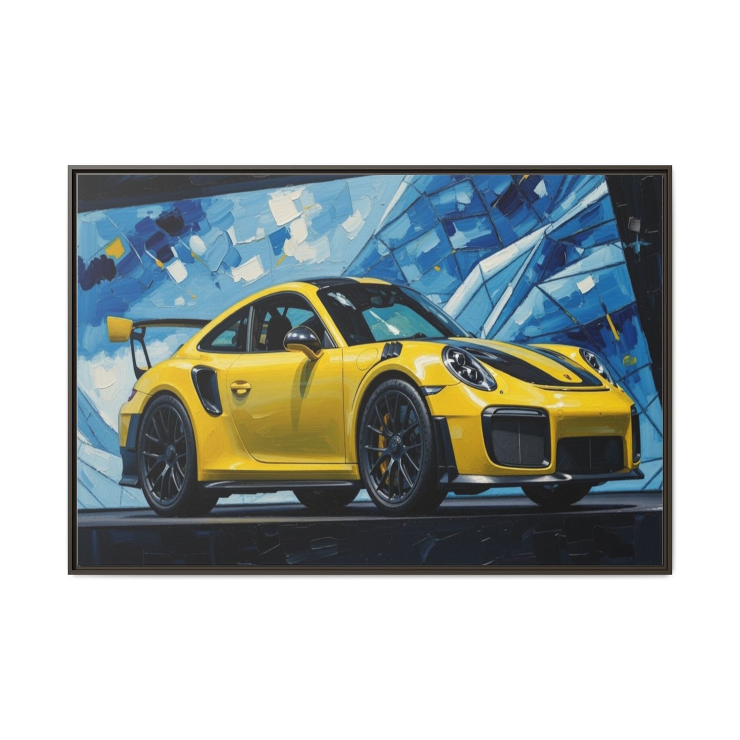 Yellow Porsche Sports Car Matte Framed Canvas – Modern Automotive Wall Art