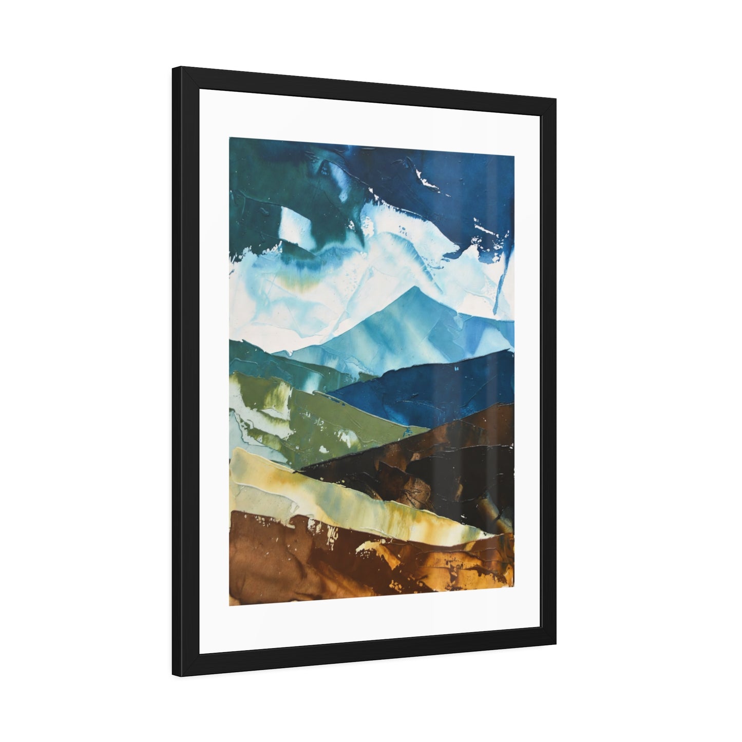 Framed Abstract Mountain Art Print – Blue & Earthtone Layered Landscape Poster