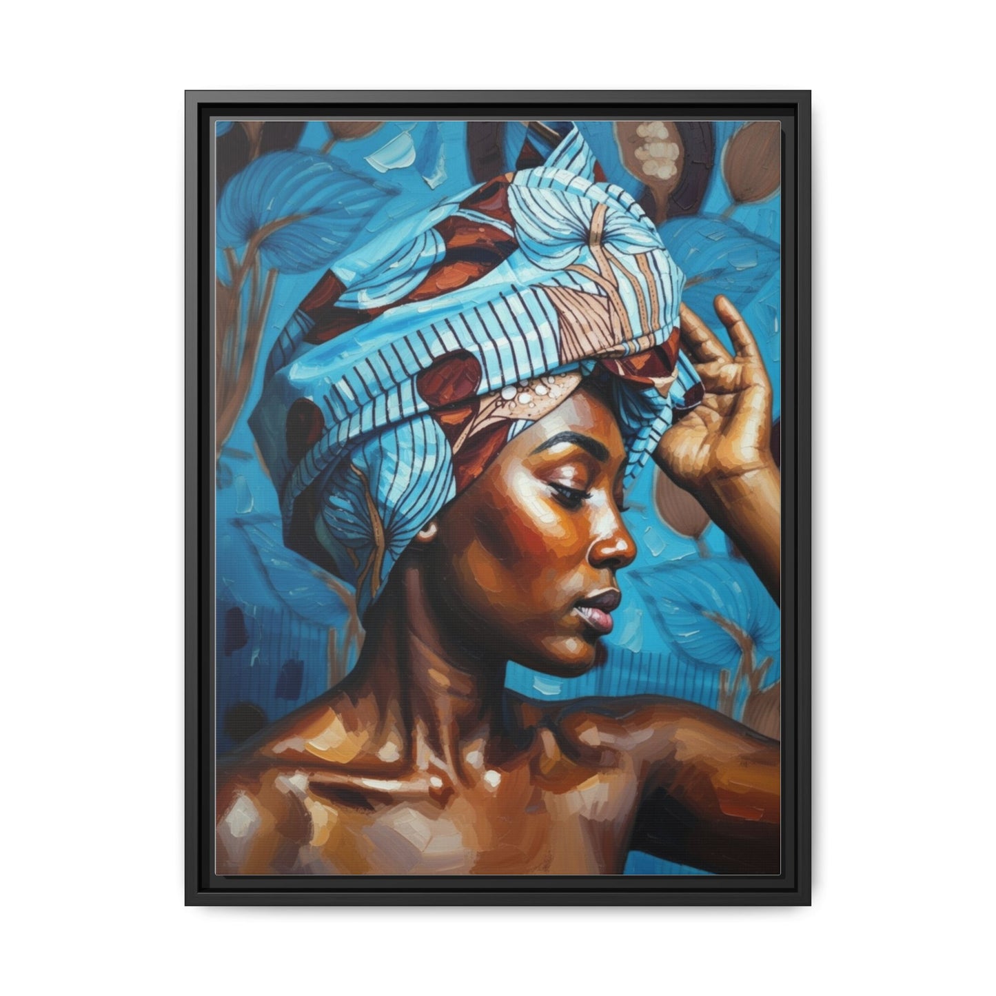 Framed Canvas Art — Portrait of Woman in Blue Headwrap