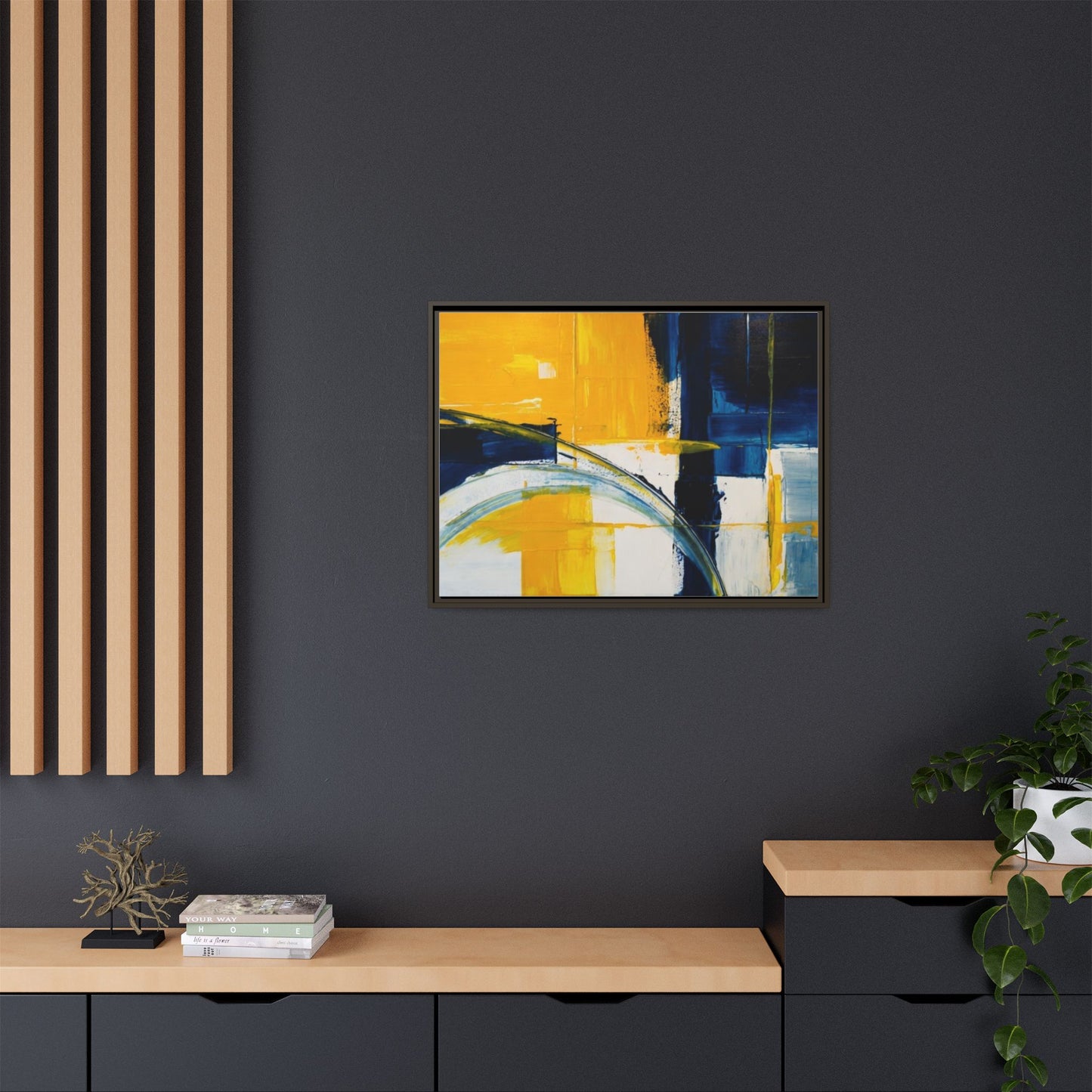 Abstract Yellow & Blue Framed Canvas Wall Art — Modern Matte Canvas Print