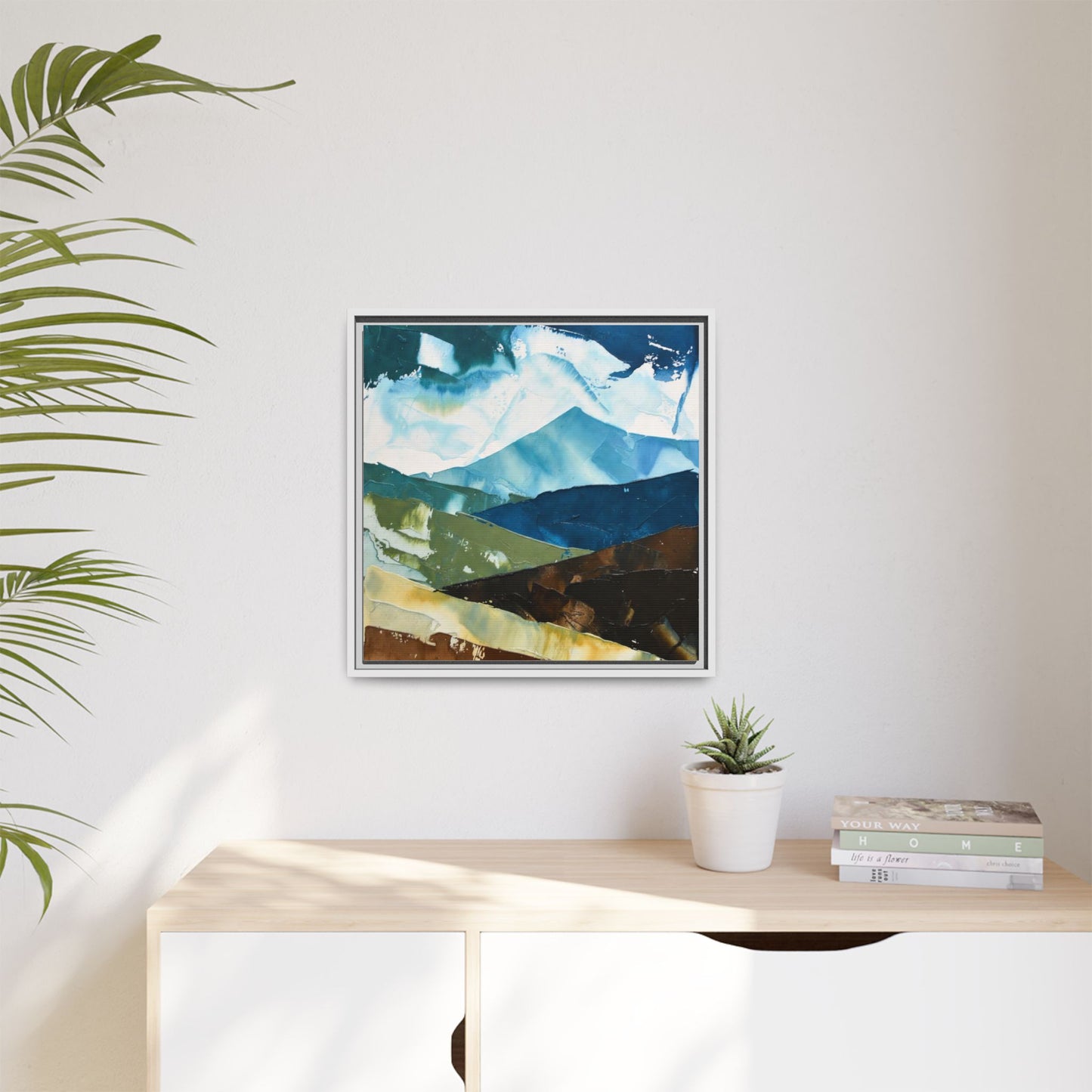Framed Abstract Mountain Canvas Art — Blue & Earthtone Landscape Print