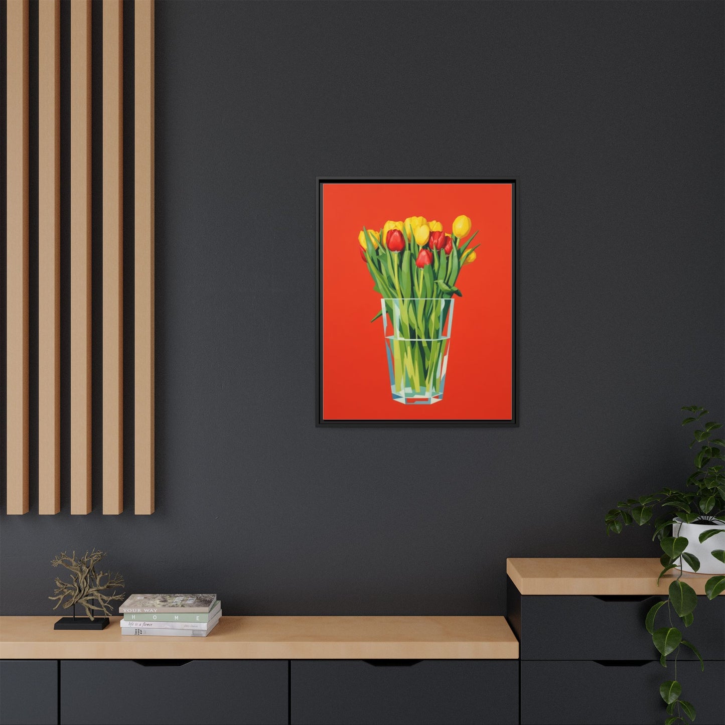 Framed Tulip Bouquet Matte Canvas Art — Vibrant Red Floral Wall Print
