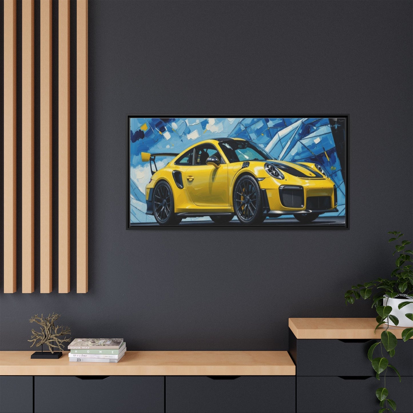 Yellow Porsche Sports Car Matte Framed Canvas – Modern Automotive Wall Art
