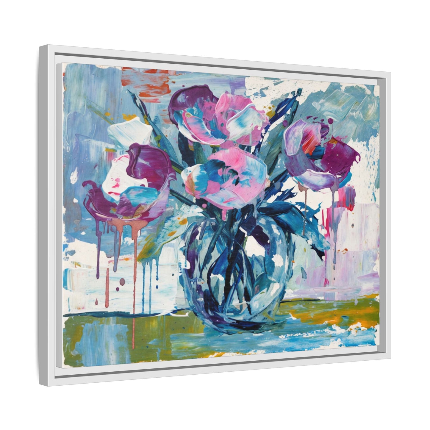 Framed Floral Canvas Art — Abstract Pink & Blue Bouquet