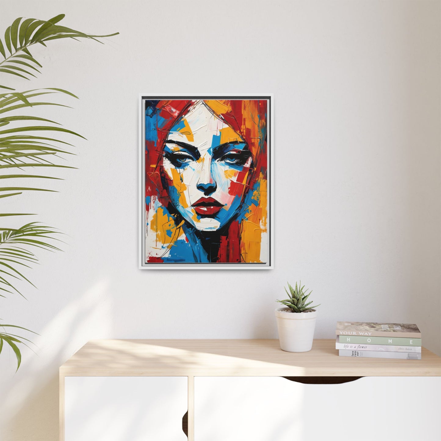 Framed Abstract Portrait Canvas — Colorful Female Face Wall Art