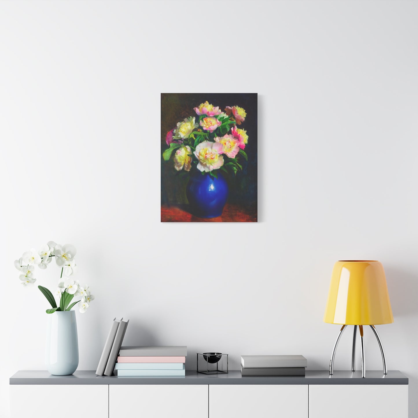 Peony Bouquet Canvas Print — Pink Peonies in Blue Vase, Stretched Matte Wall Art