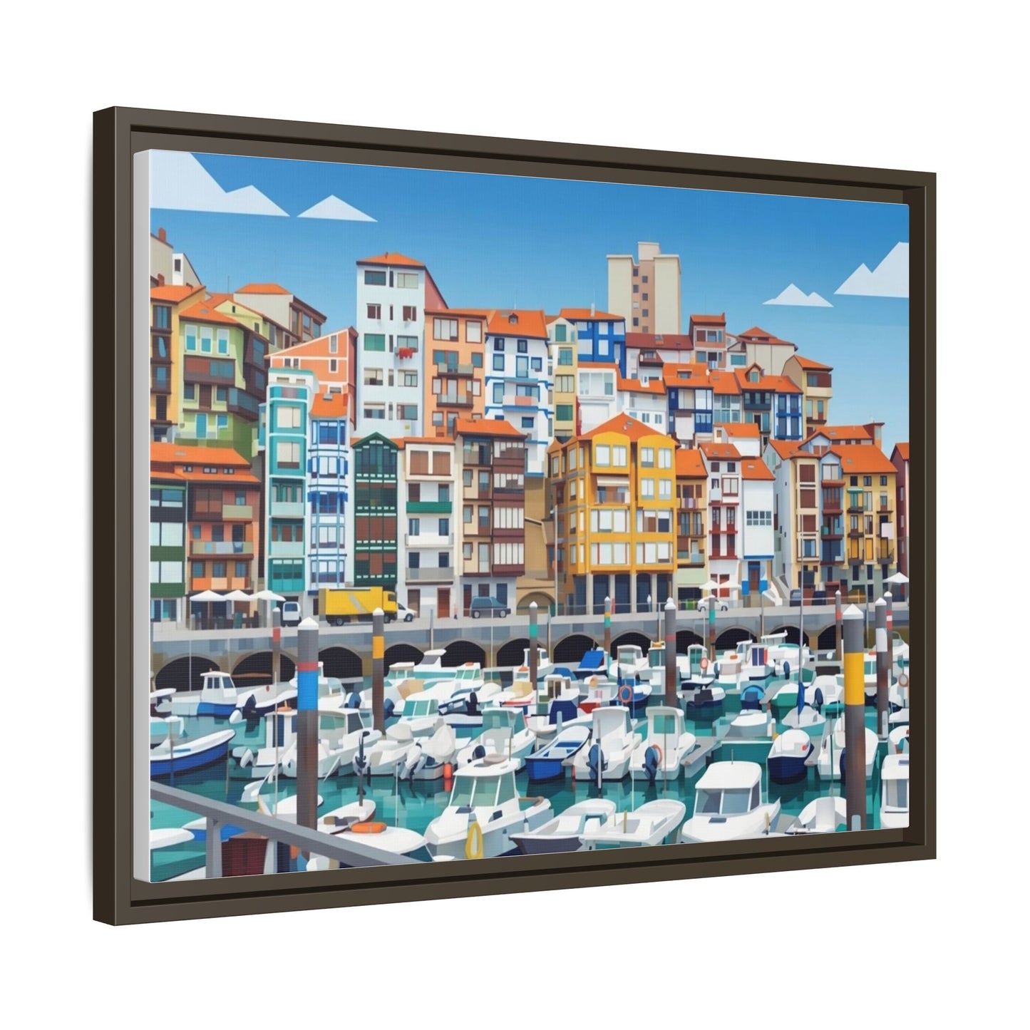 Framed Matte Canvas Print — Colorful Mediterranean Harbor Illustration