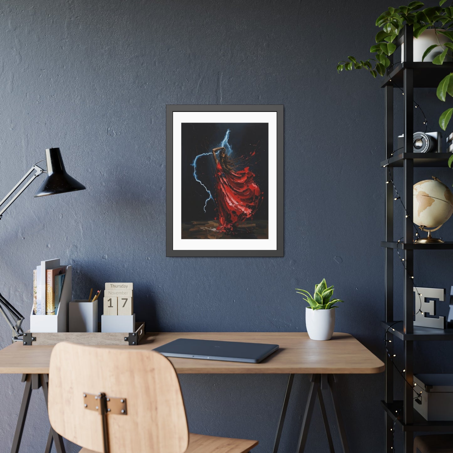 Framed Poster — Red-Dressed Dancer with Lightning Art Print