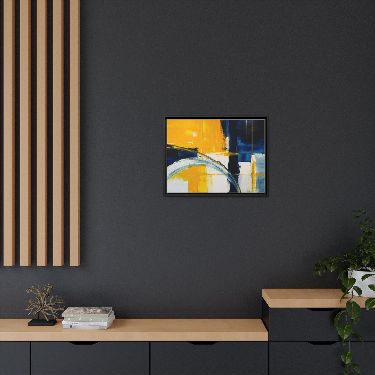 Abstract Yellow & Blue Framed Canvas Wall Art — Modern Matte Canvas Print