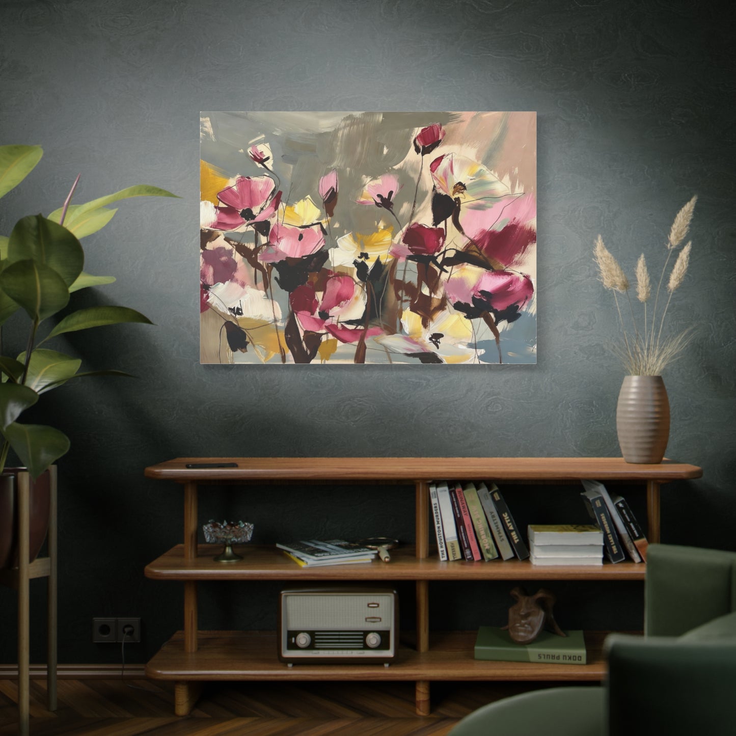 Floral Abstract Canvas Wall Art — Pink & Yellow Bloom Stretched Matte Print