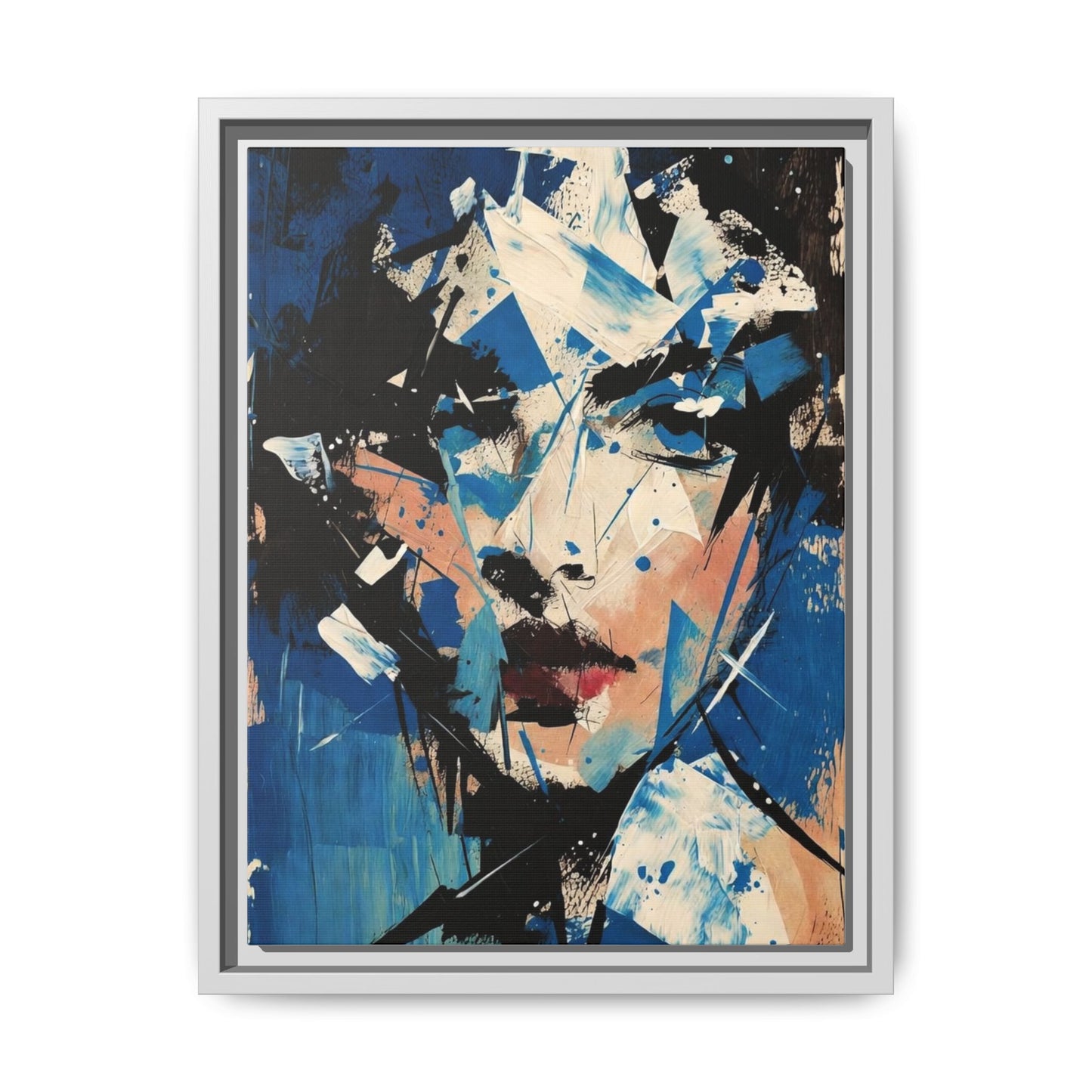 Abstract Portrait Matte Canvas Framed Wall Art — Blue Mixed-Media Face Print