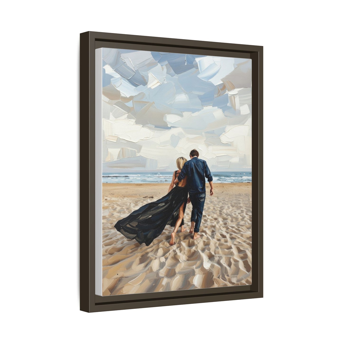 Framed Canvas Wall Art — Romantic Couple Walking on Beach Print