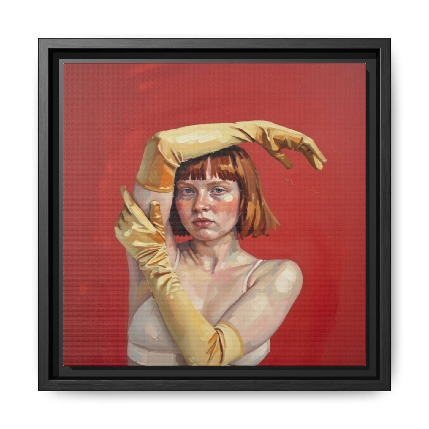 Framed Matte Canvas Art - Portrait of Woman in Yellow Gloves (Red Background)