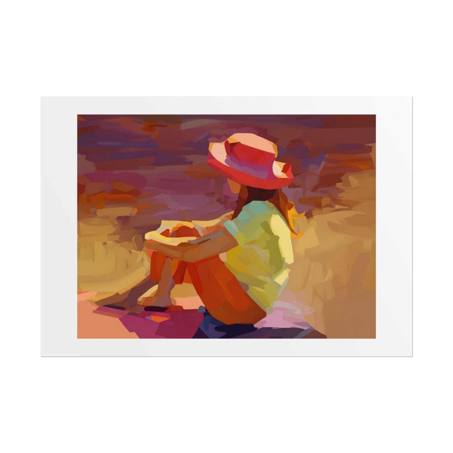 Sunset Daydream Rolled Poster — Colorful Girl in Hat Beach Art Print