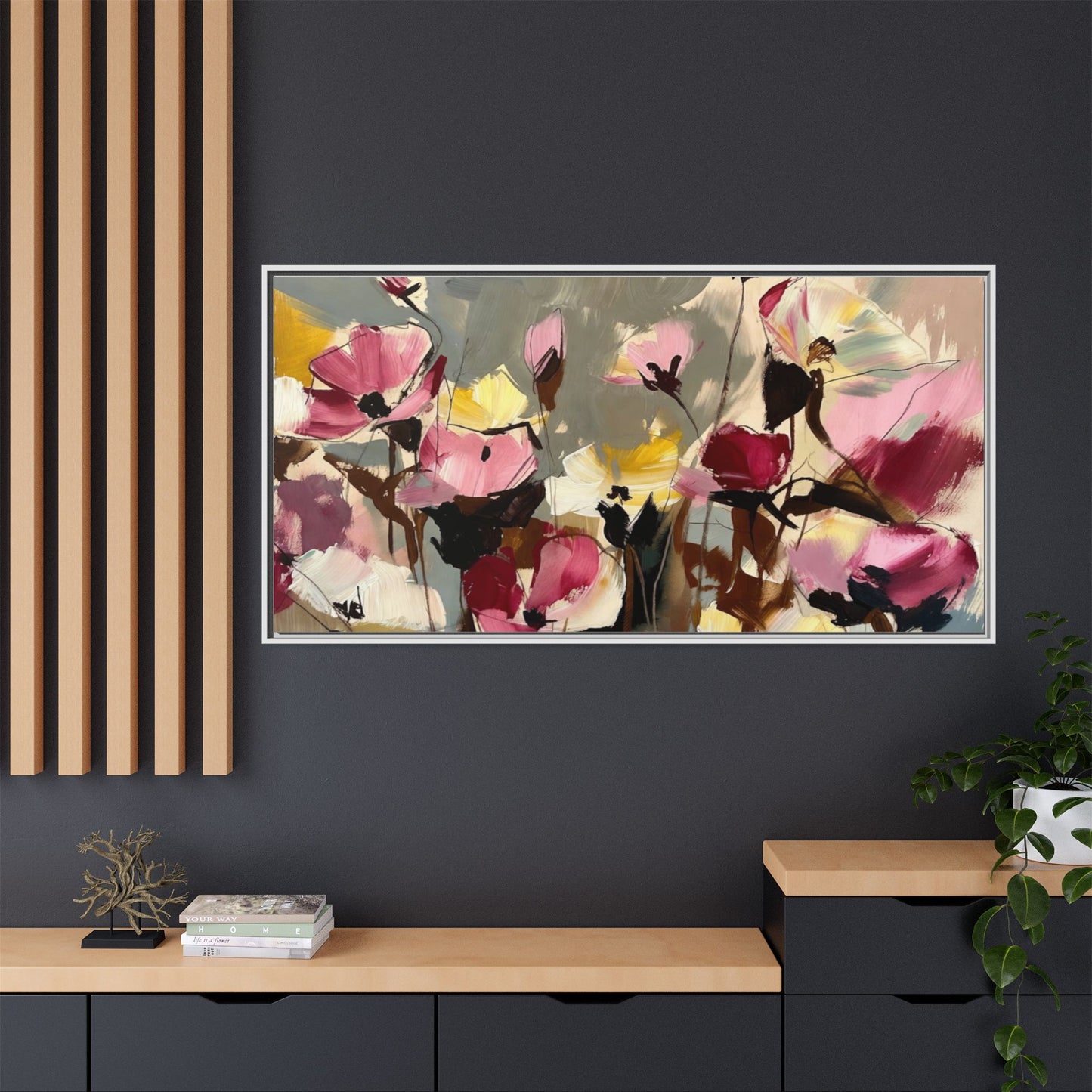 Framed Floral Canvas Wall Art — Abstract Pink & Yellow Flowers