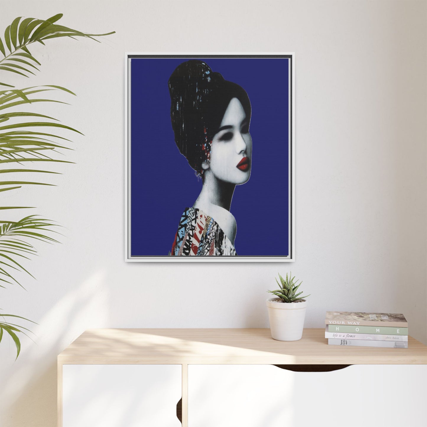 Framed Matte Canvas Art — Elegant Geisha Portrait on Deep Blue