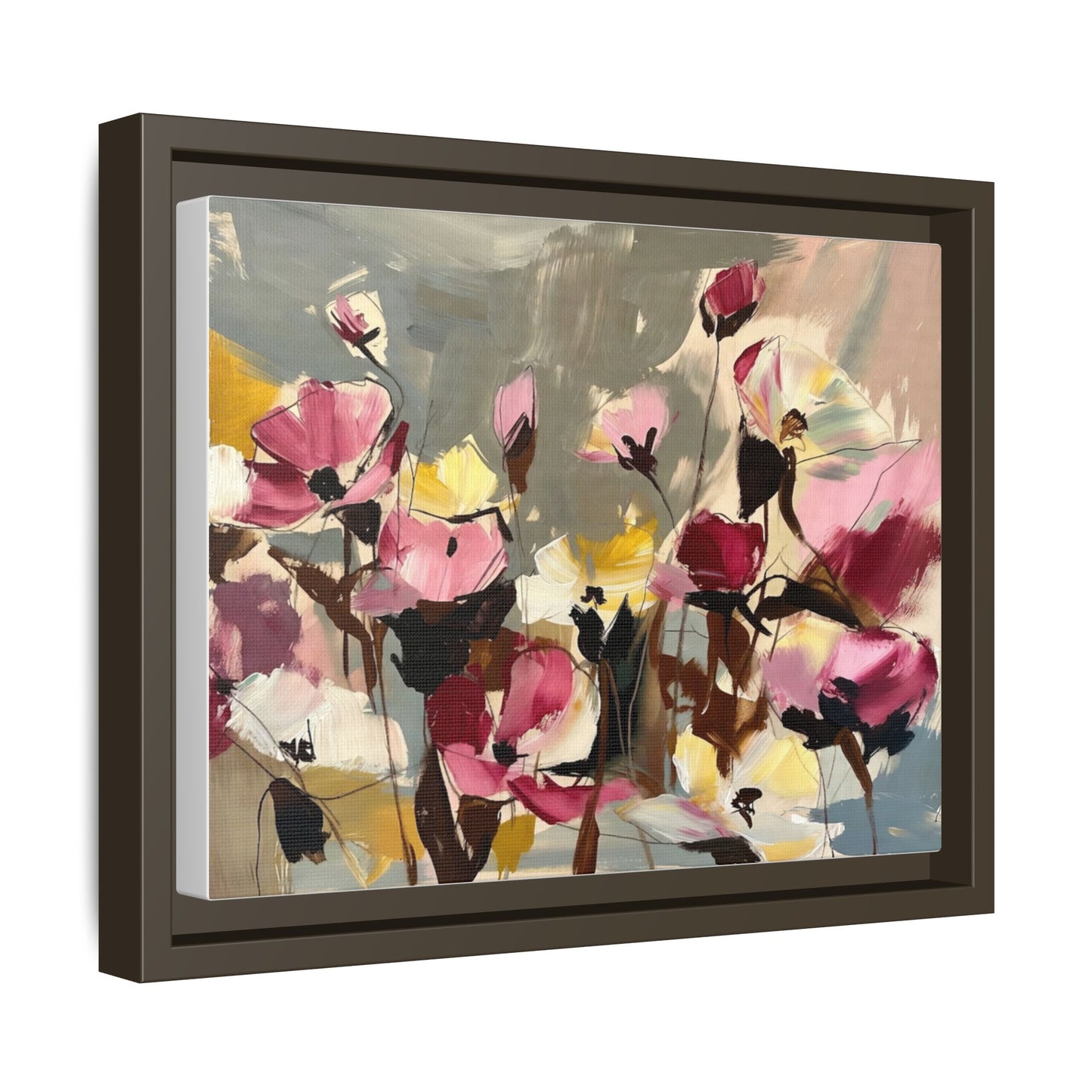 Framed Floral Canvas Wall Art — Abstract Pink & Yellow Flowers