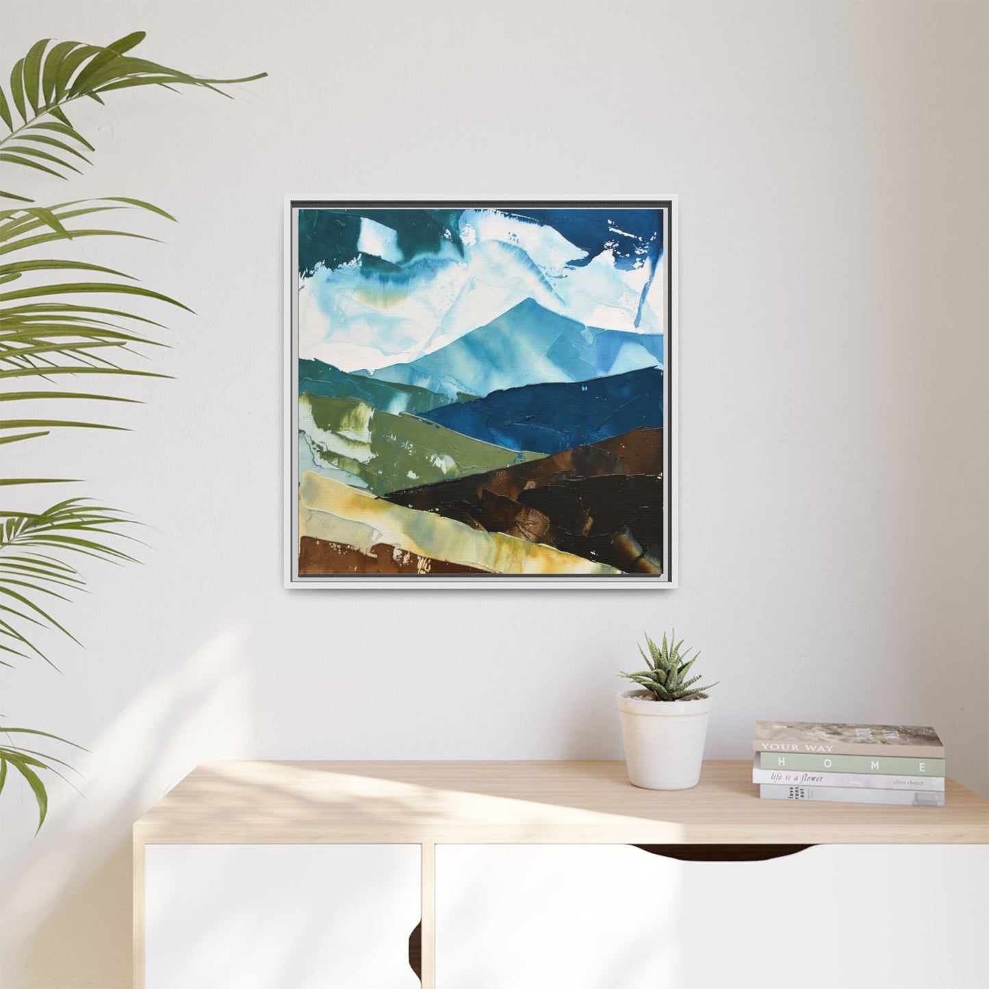 Framed Abstract Mountain Canvas Art — Blue & Earthtone Landscape Print