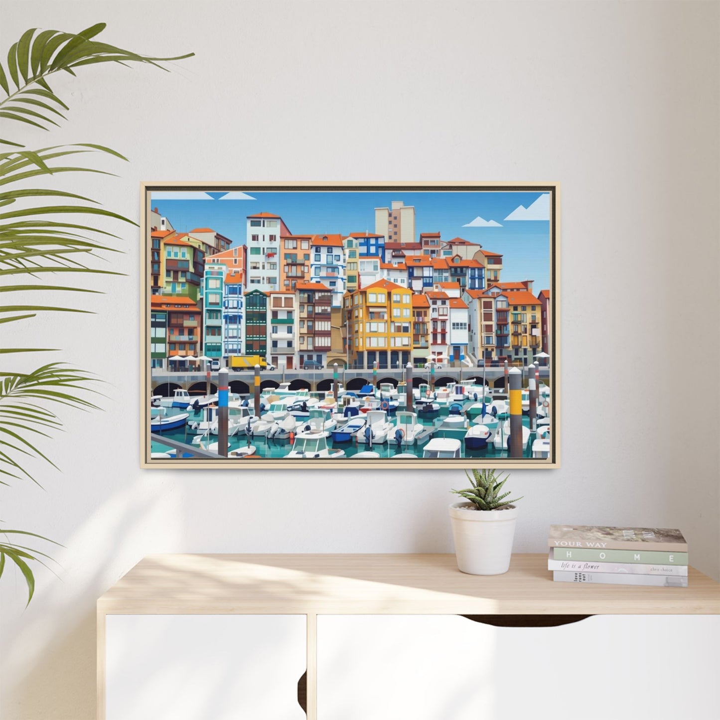 Framed Matte Canvas Print — Colorful Mediterranean Harbor Illustration