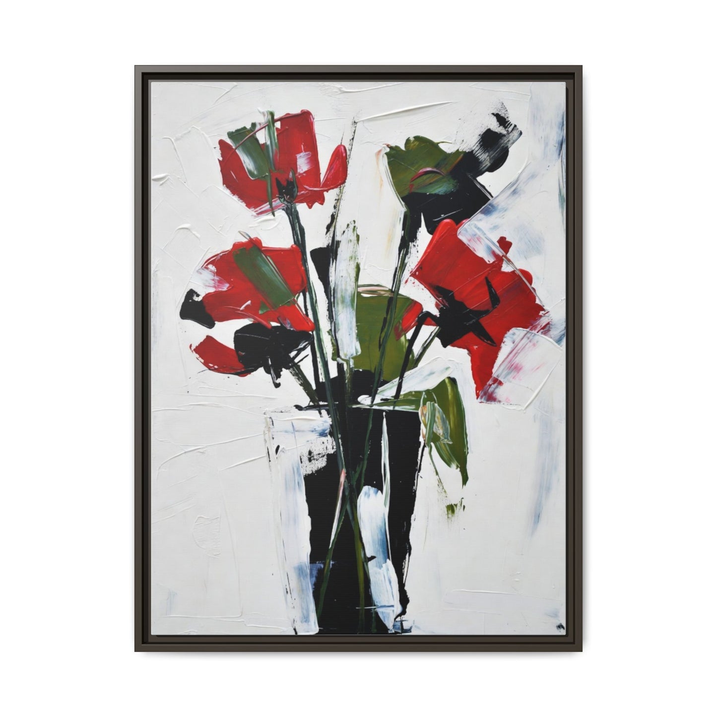 Framed Abstract Floral Canvas Print — Red Poppies in Black Vase