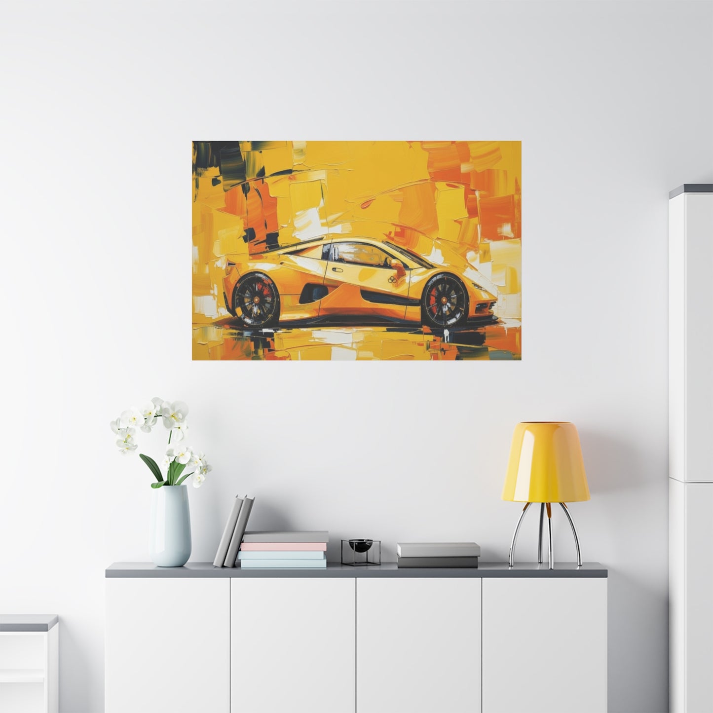 Yellow Sports Car Abstract Canvas Art - Matte Stretched Wall Print