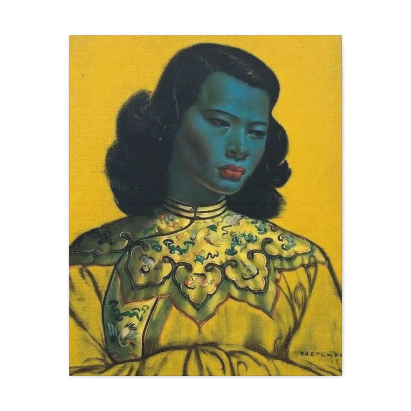 Vintage Portrait Canvas Print — Mid-Century Asian Woman Art on Yellow Background